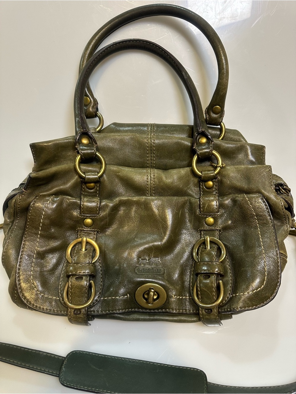 Vintage Coach Olive Green Leather Shoulder Satchel